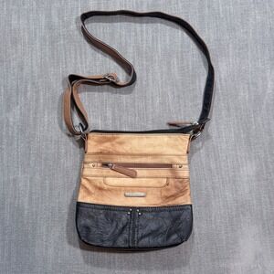 Stone & Co Leather Crossbody Bag Tan Black Two Tone Messenger Purse Multi Pocket